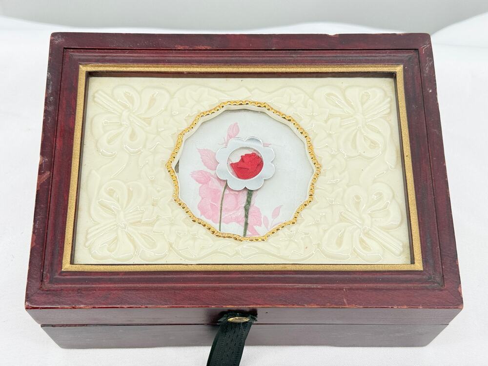 Lenox Wooden Keepsake Jewelry Box Floral Lid Velvet Lined Trinket Box READ Flaws